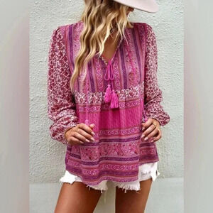 🆕Melloday Boho Multi-prints Flowy Babydoll Top L🆕